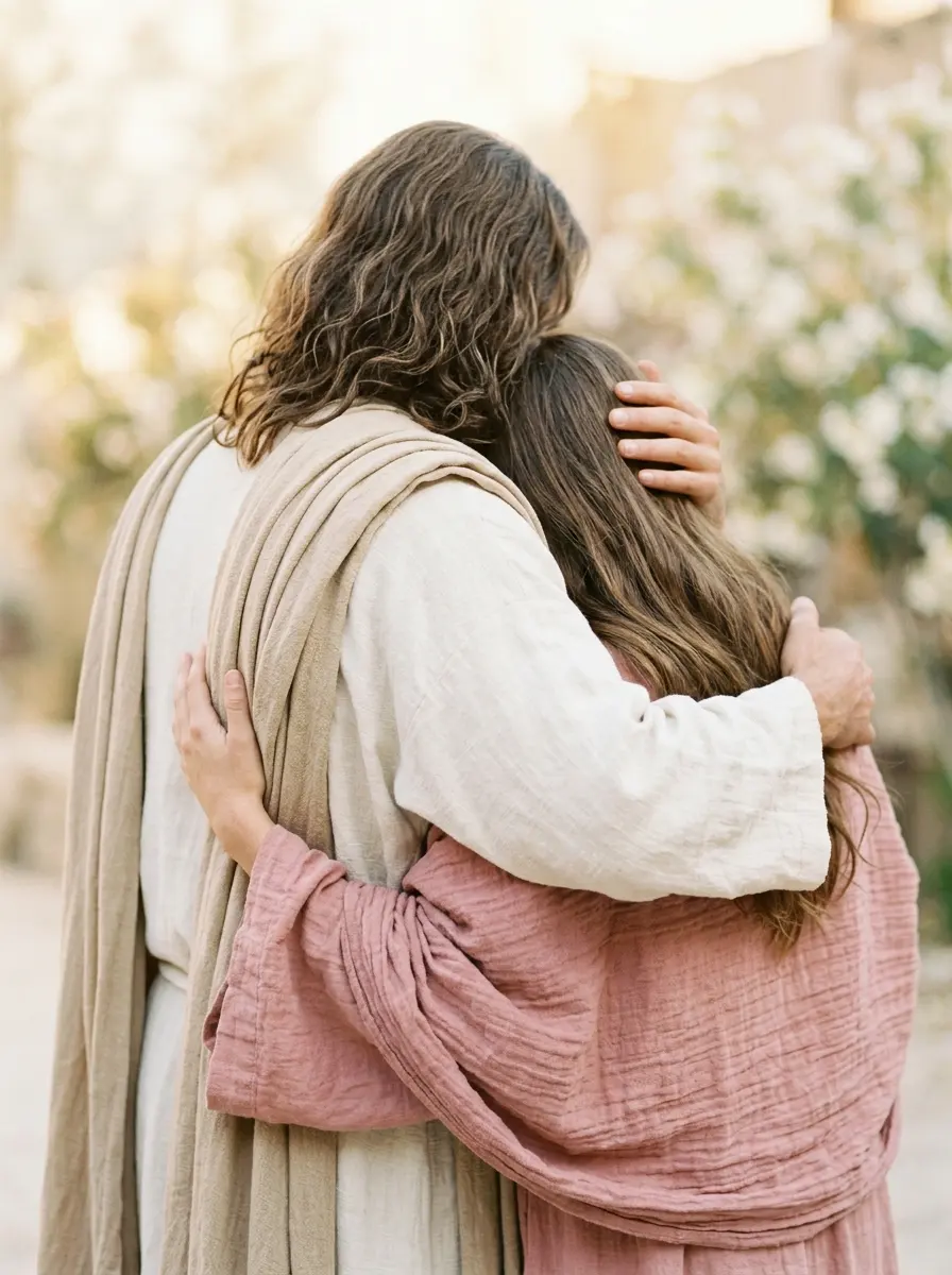 Jesús abraza a una mujer, los dos de espaldas