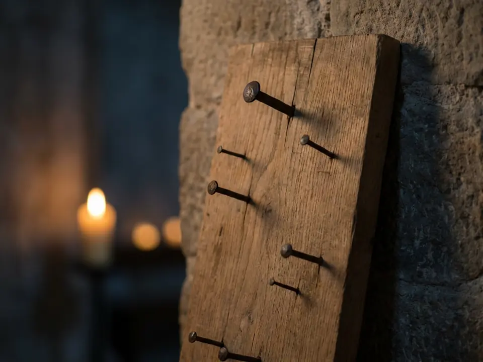 Una tabla vieja de madera, apoyada en un muro de piedra a la luz de una vela, con clavos de hierro de distintos tamaños clavados en ella