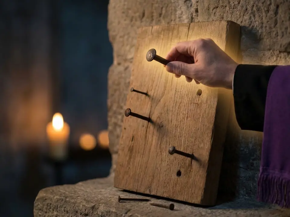 La mano de un sacerdote, con la estola morada colgando de la muñeca, arranca con suavidad el clavo más grande envuelta en una luz dorada; en la madera quedan los agujeros de los clavos ya quitados