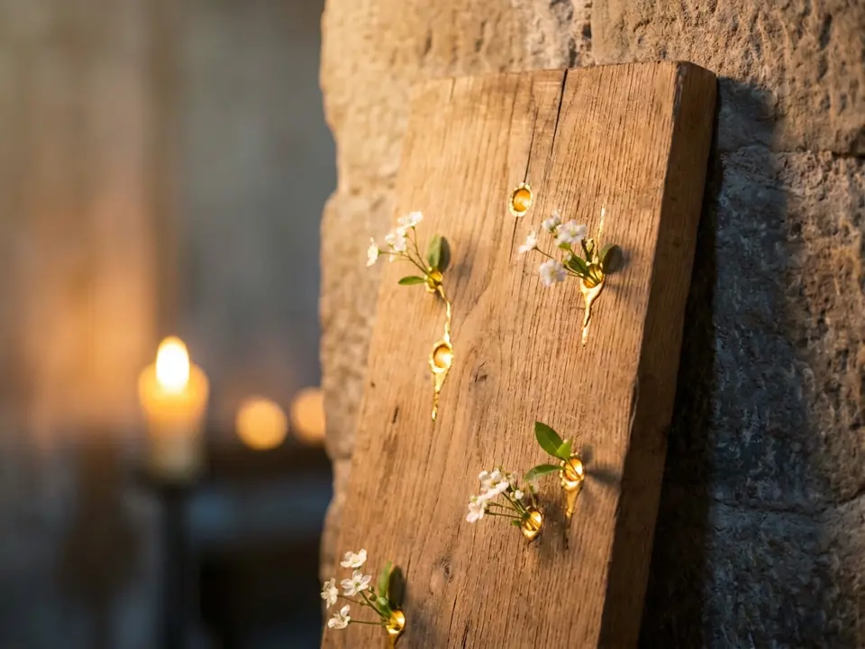 La misma tabla ya sin clavos: los agujeros están rellenos de oro y de luz, y de algunos brotan florecillas blancas