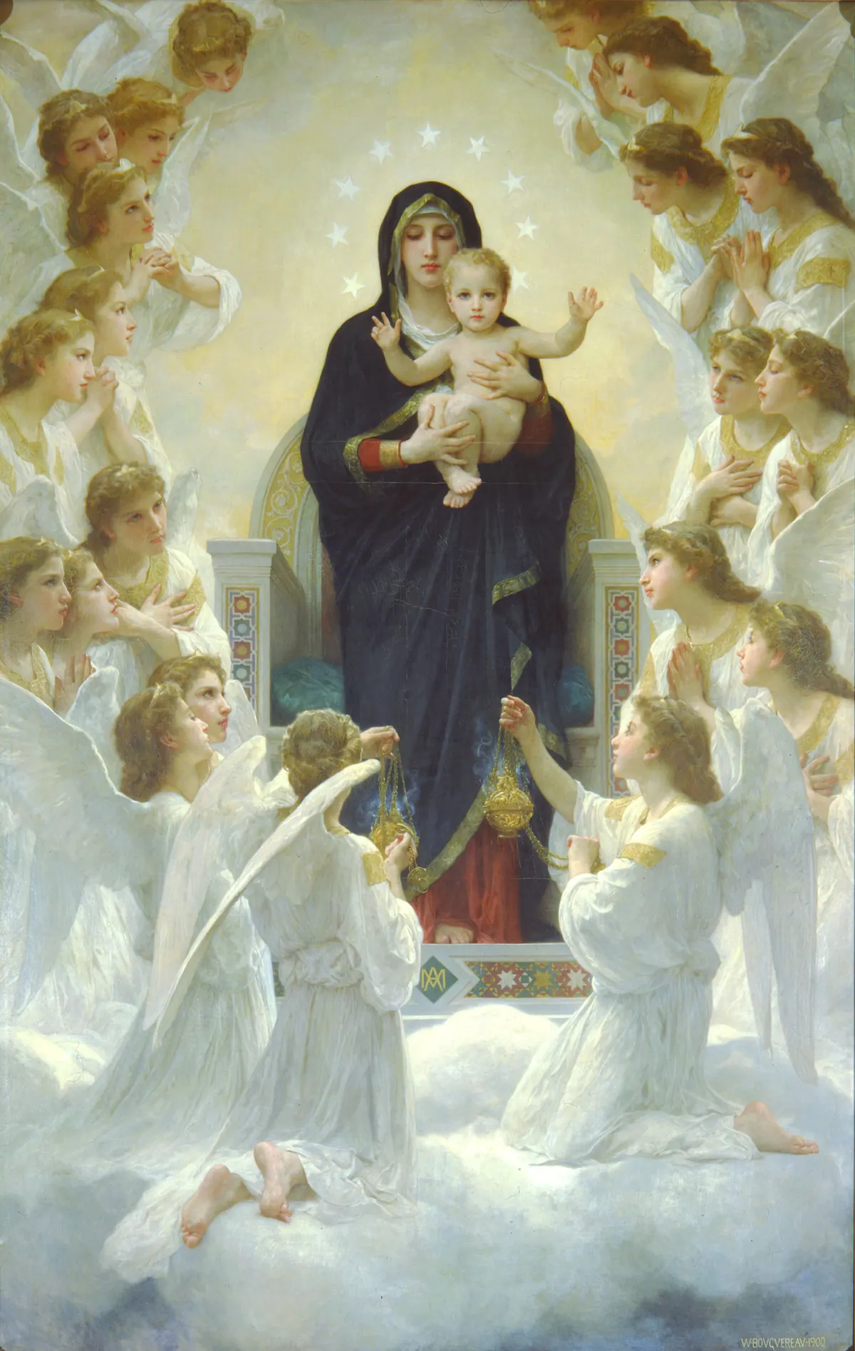 María, Reina de los Ángeles, con el Niño Jesús rodeada de ángeles, óleo de Bouguereau