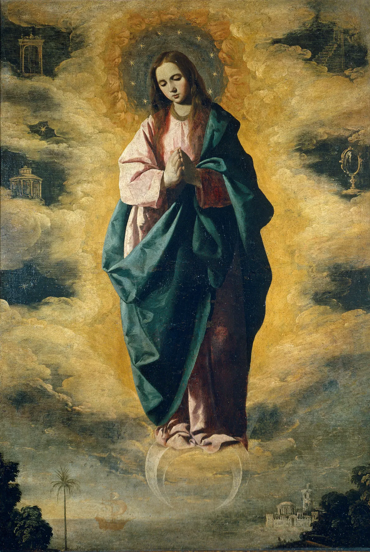 La Inmaculada Concepción de Francisco de Zurbarán, María vestida de blanco entre nubes