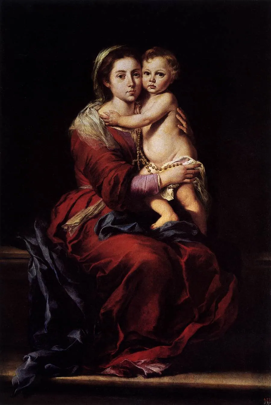 La Virgen María con el Niño Jesús y un rosario, óleo de Murillo
